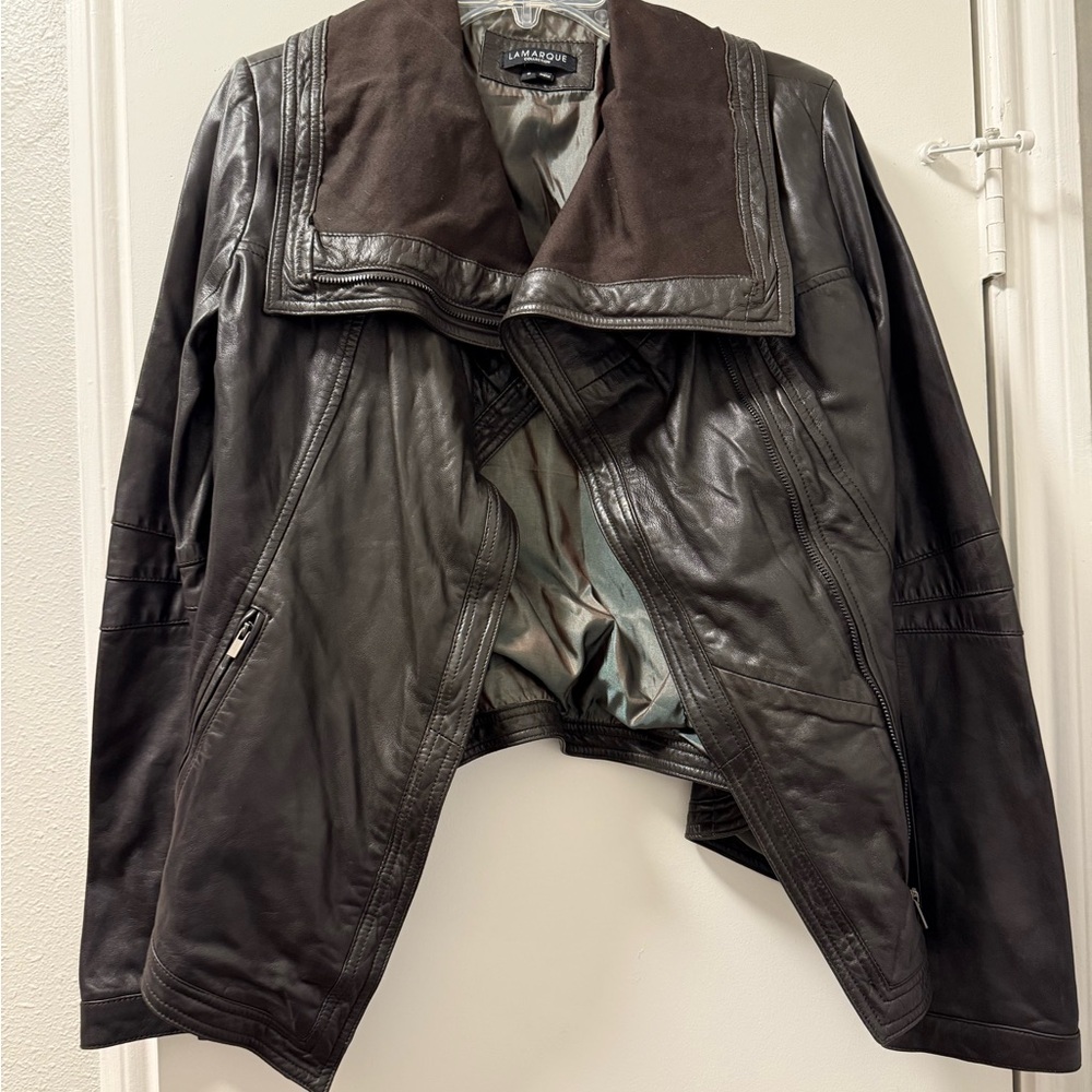 Lamarque Black Leather Jacket with Brown Accents